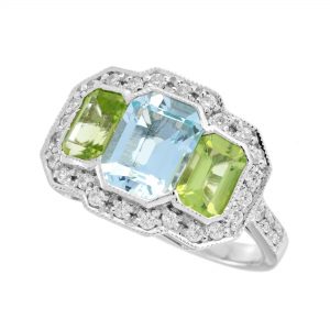 Blue Topaz Peridot Diamond Halo Engagement Ring (R5759)