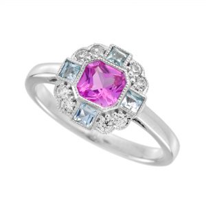 Pink Sapphire Blue Topaz Diamond Halo Engagement Ring (R5935)
