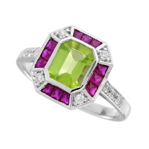 Peridot Ruby Diamond Halo Engagement Ring (R3608-2)