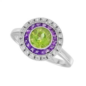 Peridot Amethyst Diamond Halo Engagement Ring (R5247)