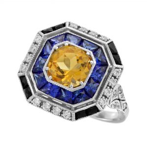 Citrine Blue Sapphire Onyx Diamond Halo Engagement Ring (R5368)