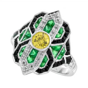 Yellow Diamond Emerald Onyx Diamond Halo Engagement Ring (R5503-RD)
