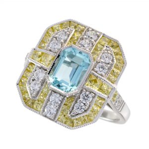 Blue Topaz Yellow and White Diamond Engagement Ring (R5695-2)