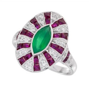 Green Agate Ruby Diamond Halo Engagement Ring (R5713)