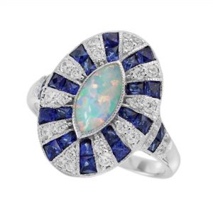 Opal Blue Sapphire Diamond Halo Engagement Ring (R5713)