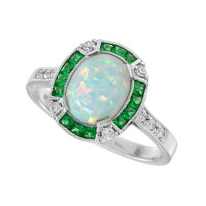 Opal Emerald Diamond Halo Engagement Ring (R5831)