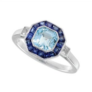 Blue Topaz Blue Sapphire White Topaz Halo Engagement Ring (R5921-SV)