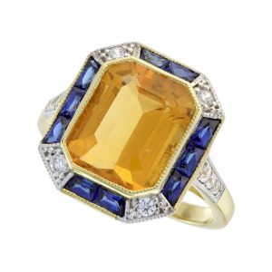 Citrine Blue Sapphire Diamond Halo Engagement Ring (R5931)