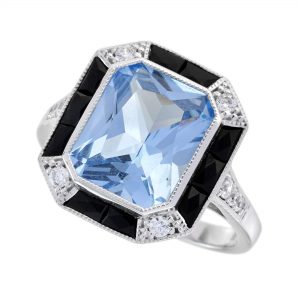 Blue Topaz Onyx Diamond Halo Engagement Ring (R5931)