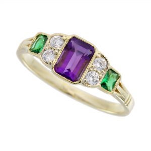 Amethyst Emerald Diamond Three Stone Ring (R6002)