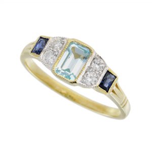 Blue Topaz Blue Sapphire Diamond Three Stone Ring (R6002)