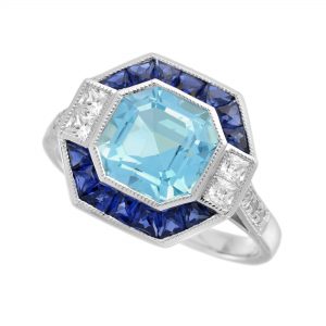 Blue Topaz Blue Sapphire Diamond Halo Engagement Ring (R6043)