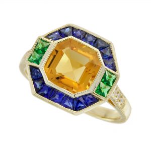Citrine Emerald Blue Sapphire Diamond Engagement Ring (R6043)