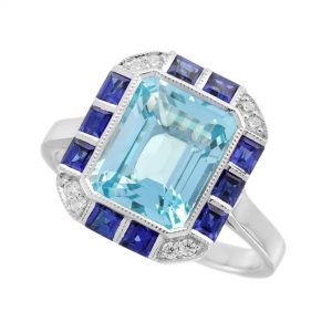 Blue Topaz Blue Sapphire Diamond Halo Ring (R6057)